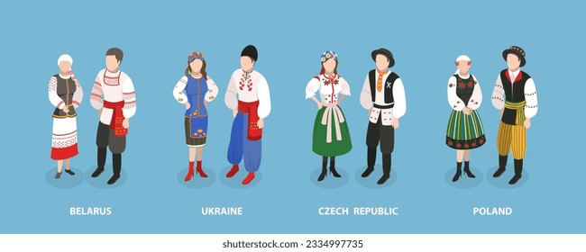 3D Isometric Flat Vector Set of Europeam Tradition Clothes, Belarus, Ukraine, Czech Republic, Poland