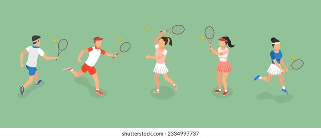 3D Isometric Flat Vector Set of Tennis Players, Summer Sport