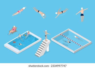 3D Isometric Flat Vector Set of Pool Swimmers, Water Activities