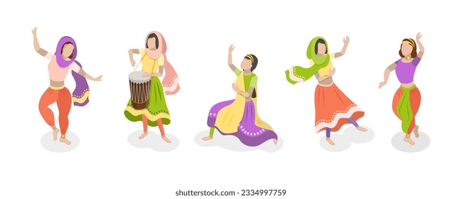 3D Isometric Flat Vector Set of Traditional Indian Dancers, Bollywood