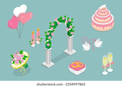 3D Isometric Flat Vector Set of Wedding Elements, Decoration for Marriage Ceremony