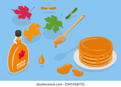 3D Isometric Flat Vector Set of Maple Syrup, Canadian Product