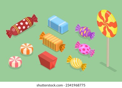 3D Isometric Flat Vector Set of Candies, Caramel Sweet Lollipops