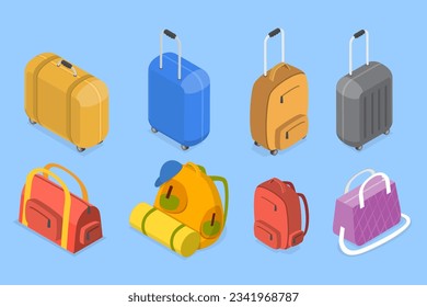 3D Isometric Flat Vector Set of Travel Luggage Types, Journey and Adventure Baggage