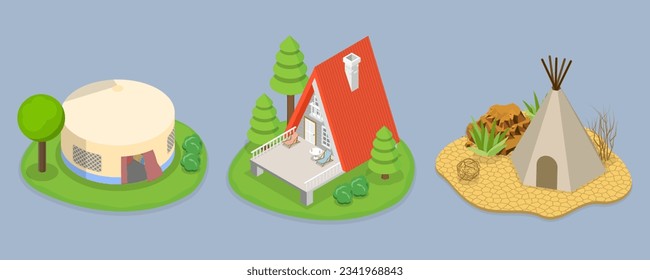 3D Isometric Flat Vector Set of Glamping Resorts, Luxury Camping