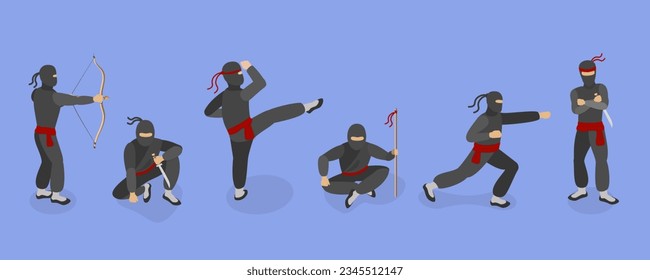 3D Isometric Flat Vector Set of Ninja Warriors, Fighting Poses