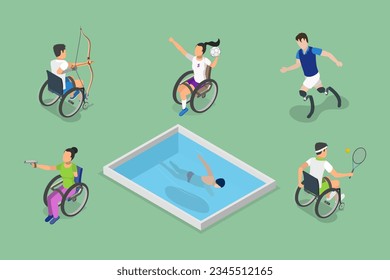 3D Isometric Flat Vector Set of Disabled Sportsmen, Athletes with Physical Disabilities