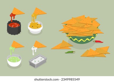 3D Isometric Flat Vector Set of Nachos, Mexican Tortilla Chips with Sauces