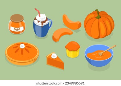 3D Isometric Flat Vector Set of Pampkin Products, Autumn Traditional Foods