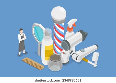 3D Isometric Flat Vector Set of Barber Equipment, Beard or Mustache Shave and Haircut