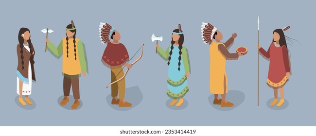 3D Isometric Flat Vector Set of Indigenous People, First Nation Characters in Traditional Clothing