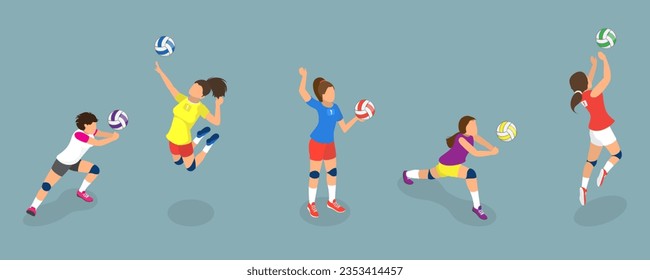 3D Isometric Flat Vector Set of Volleyball Players, Team Sports Game