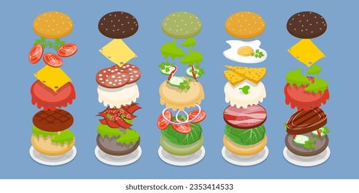 3D Isometric Flat Vector Set of Burger Maker, Elements for Different Sandwich