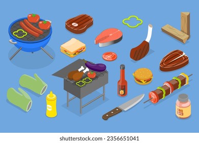 3D Isometric Flat Vector Set of Barbecue, BBQ and Meat Grilling