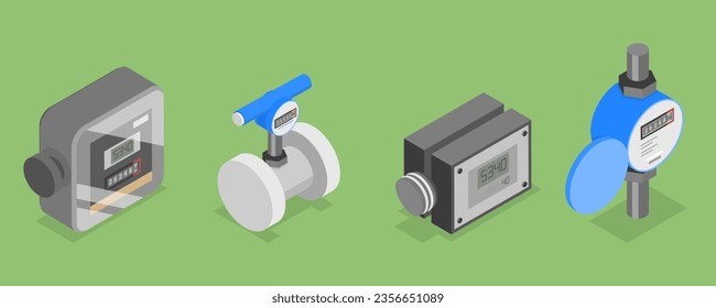 3D Isometric Flat Vector Set of Gas, Water And Electricity Measuring, Industrial and Household Meters