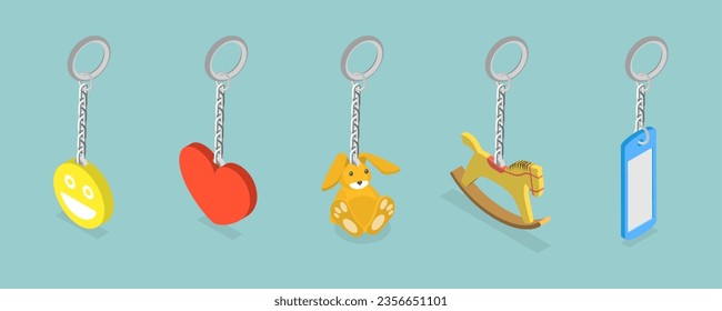 3D Isometric Flat Vector Set of Keychains, Breloques or Trinkets