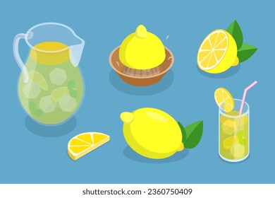 3D Isometric Flat Vector Set of Lemonade Elements