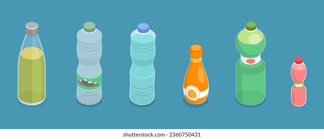 3D Isometric Flat Vector Set of Bottles Of Different Fizzy Drinks