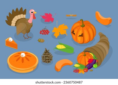 3D Isometric Flat Vector Set of Thanksgiving Set