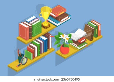 3D Isometric Flat Vector Set of Bookshelves