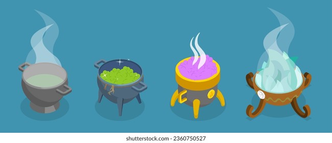 3D Isometric Flat Vector Set of Boiling Cauldrons