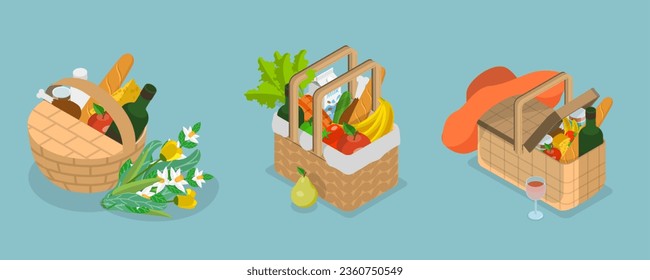 3D Isometric Flat Vector Set of Picnic Baskets