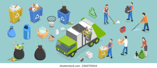 3D Isometric Flat Vector Set of Cleaners Characters