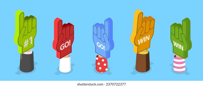 3D Isometric Flat Vector Set of Colorful Foam Hands