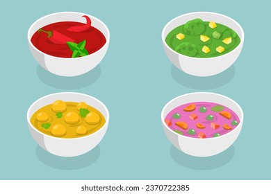 3D Isometric Flat Vector Set of Soup Bowls