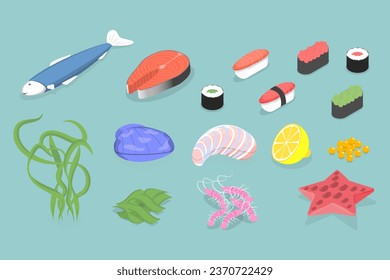 3D Isometric Flat Vector Set of Seafoods