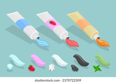 3D Isometric Flat Vector Set of Toothpaste Of Different Tastes