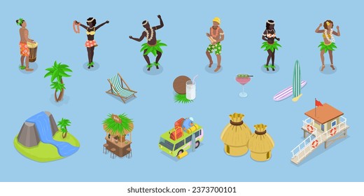 3D Isometric Flat Vector Set of Hawaii Elements