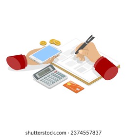 3D Isometric Flat Vector Set of Hands Writing Something in Notepad and Drawing in Sketchbook. Item 1