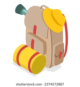 3D Isometric Flat Vector Set of Traveler Camp Knapsacks. Item 3