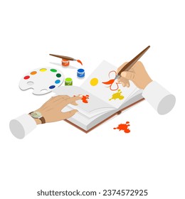 3D Isometric Flat Vector Set of Hands Writing Something in Notepad and Drawing in Sketchbook. Item 3