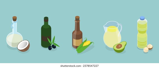 3D Isometric Flat Vector Set of Oil Bottles