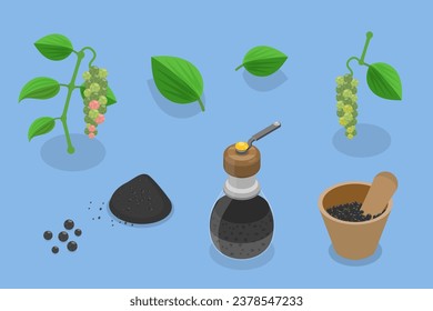 3D Isometric Flat Vector Set of Black Pepper