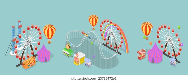 3D Isometric Flat Vector Set of Amusement Parks