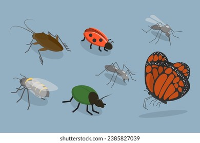 3D Isometric Flat Vector Set of Insects
