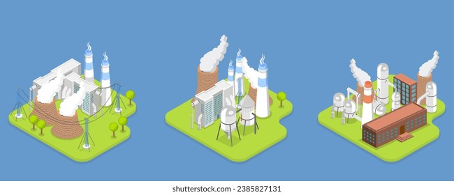 3D Isometric Flat Vector Set of Industrial Manufacturing Facilities