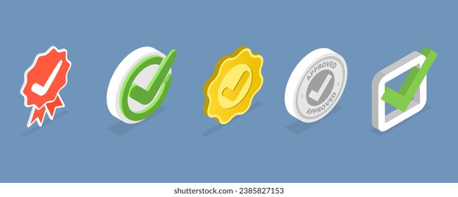 3D Isometric Flat Vector Set of Approved Checkmarks