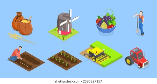 3D Isometric Flat Vector Set of Agriculture Items