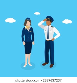 3D Isometric Flat Vector Set of Professional Airplane Crew