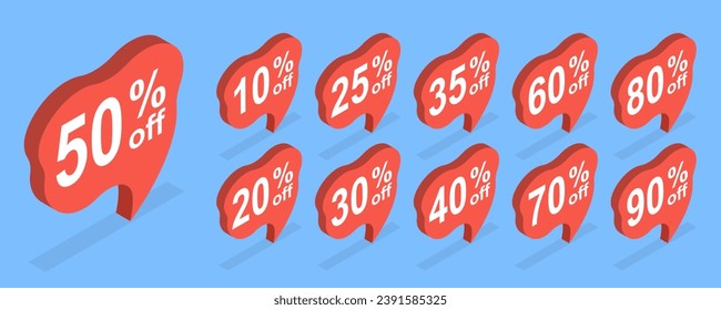 3D Isometric Flat Vector Set of Discount Speach Bubble Tags