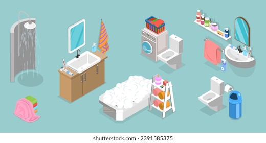 3D Isometric Flat Vector Set of Bathroom Interior Furniture
