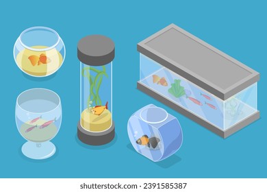 3D Isometric Flat Vector Set of Home Aquariums