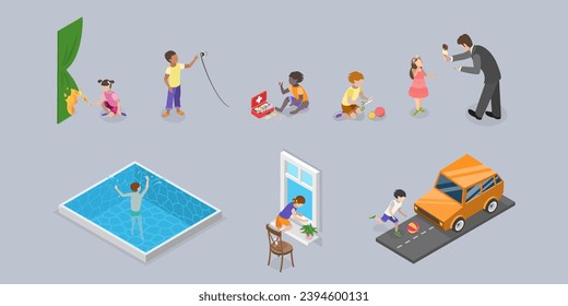 3D Isometric Flat Vector Set of Kids In Danger Situations