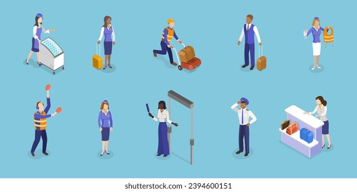 3D Isometric Flat Vector Set of Airport Staff