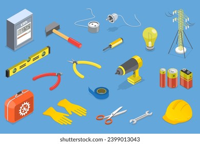 3D Isometric Flat Vector Set of Professional Electrician Tools