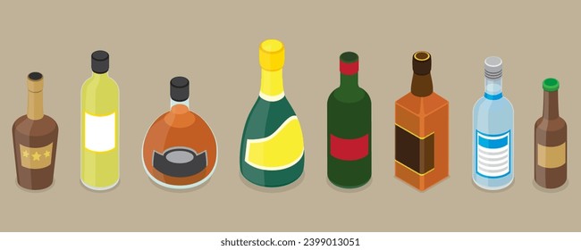 3D Isometric Flat Vector Set of Bottles with Alcohol Drinks